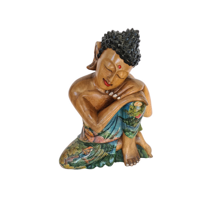 Budha wooden carved figure in relaxed position with hand painted motif&