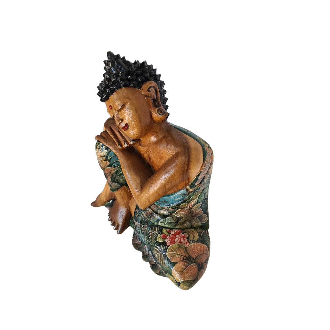 Budha wooden carved figure in relaxed position with hand painted motif&