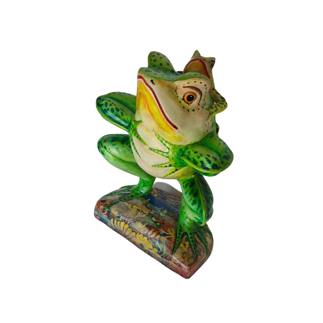 Frog figure standing position with baby on back green 25 cm tall
