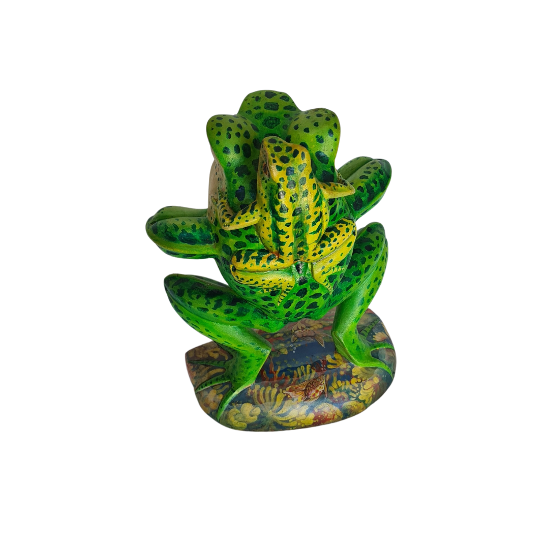 Frog figure standing position with baby on back green 25 cm tall