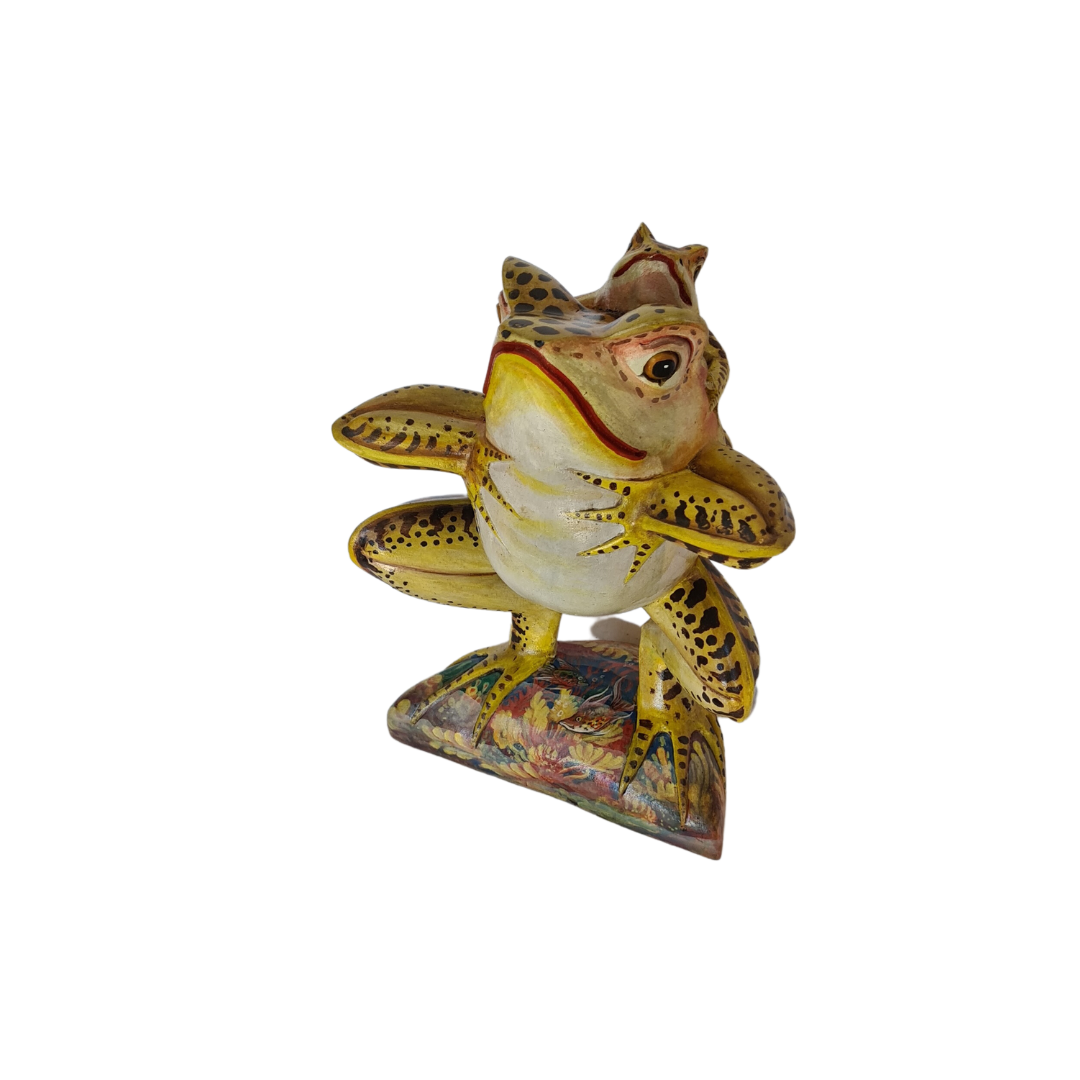 Frog figure standing position with baby on back yellow 25 cm tall