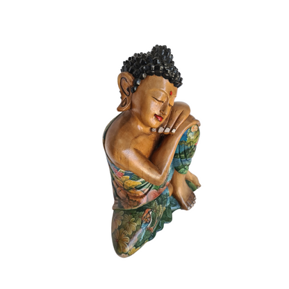 Budha wooden carved figure in relaxed position with hand painted motif&