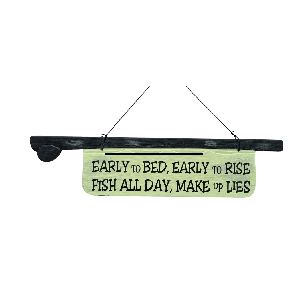 Wall plaque wooden shaped as a fishing rod &quot;...make up lies&quot; 45cm long
