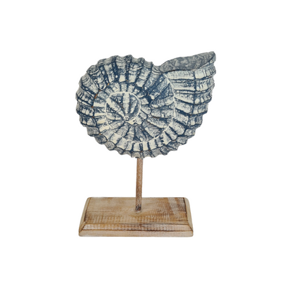 Shell wooden blue colours on stand 15 x 23 cm