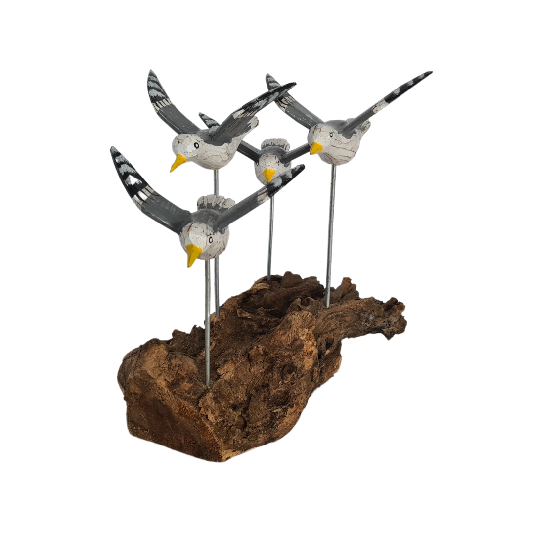 Seagulls (4) in flight on wire poles mounted to timber base 30 x 29 cm