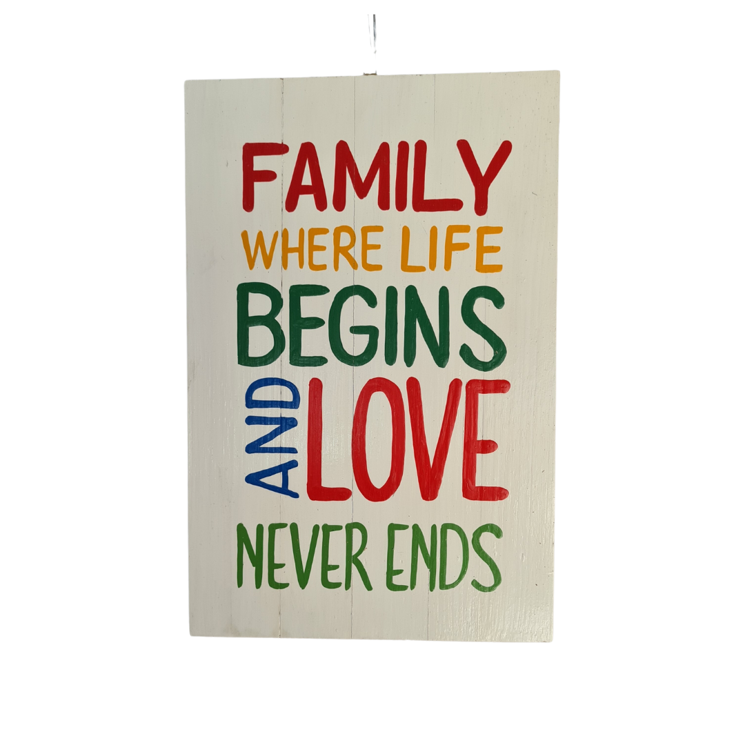 Plaque &quot;family where life begins and love never ends&quot; 20 x 30 cm
