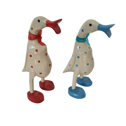 Duck wooden set of two in pokadots red &amp; blue 25 cm