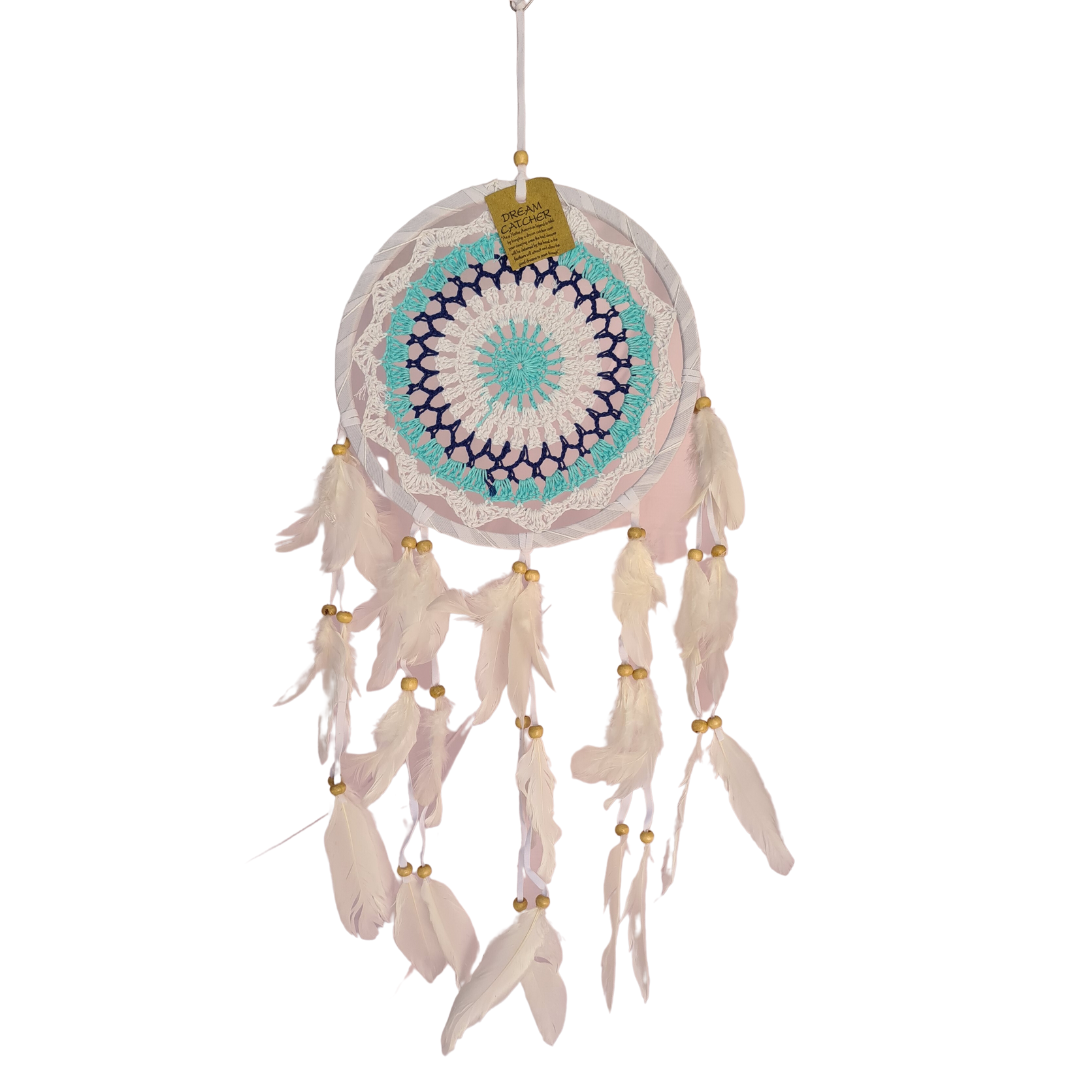 Dreamcatcher 22cm circle with blue shades and feather tails (01B)