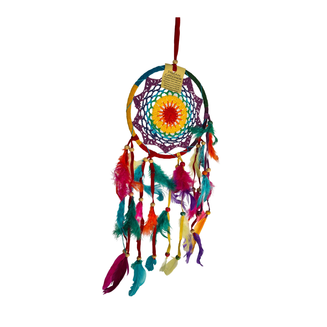Dreamcatcher 16cm circle with vivid colours and coloured feather tails (03A)