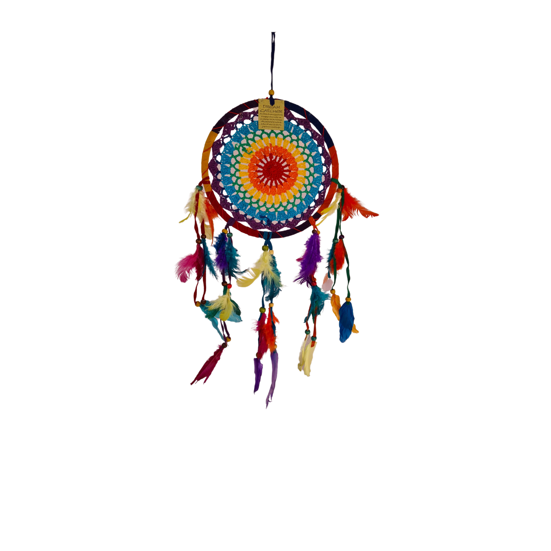 Dreamcatcher 22cm circle with vivid colour shades and colourful feather tails (03B)