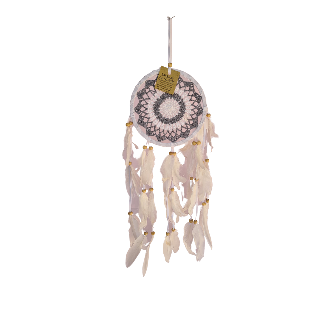 Dreamcatcher 16cm circle with darker shades and white feather tails (04A)