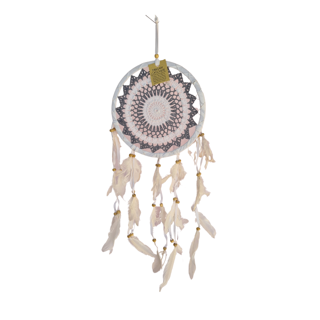 Dreamcatcher 22cm circle with darker shades and white feather tails (04B)