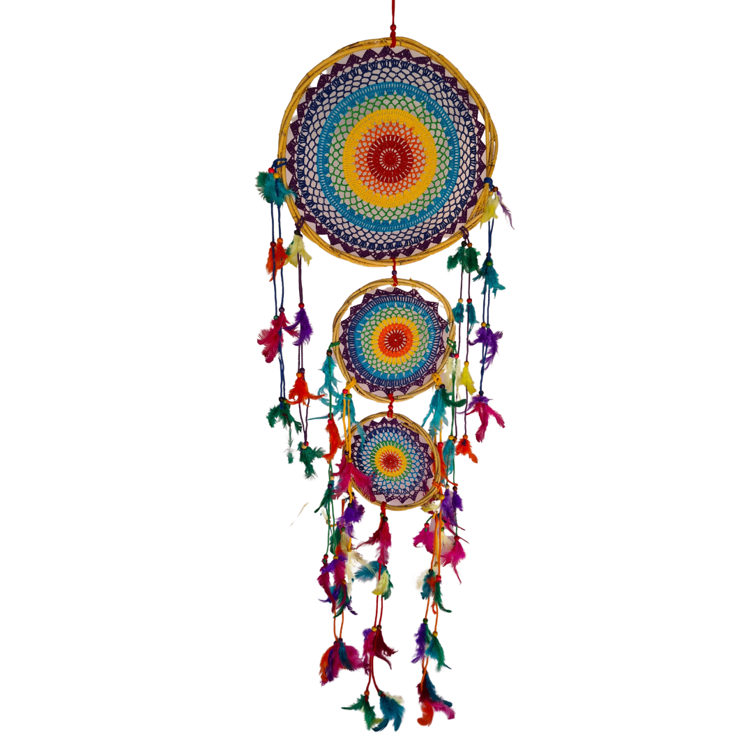 Dreamcatcher three circles with vivid colours and coloured feather tails (05)