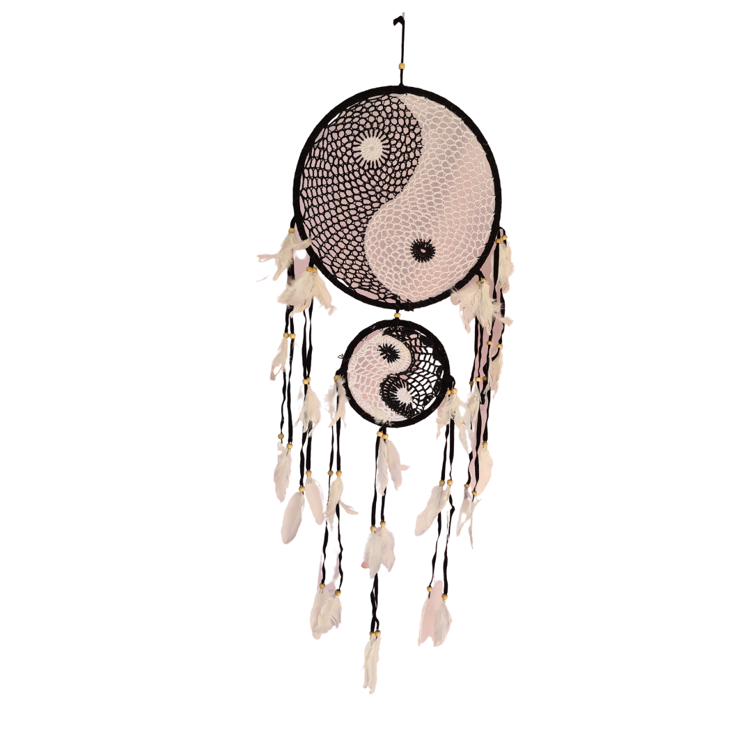 Dreamcatcher two circles with black and white colours as Ying and Yang motif and white feather tails (07)