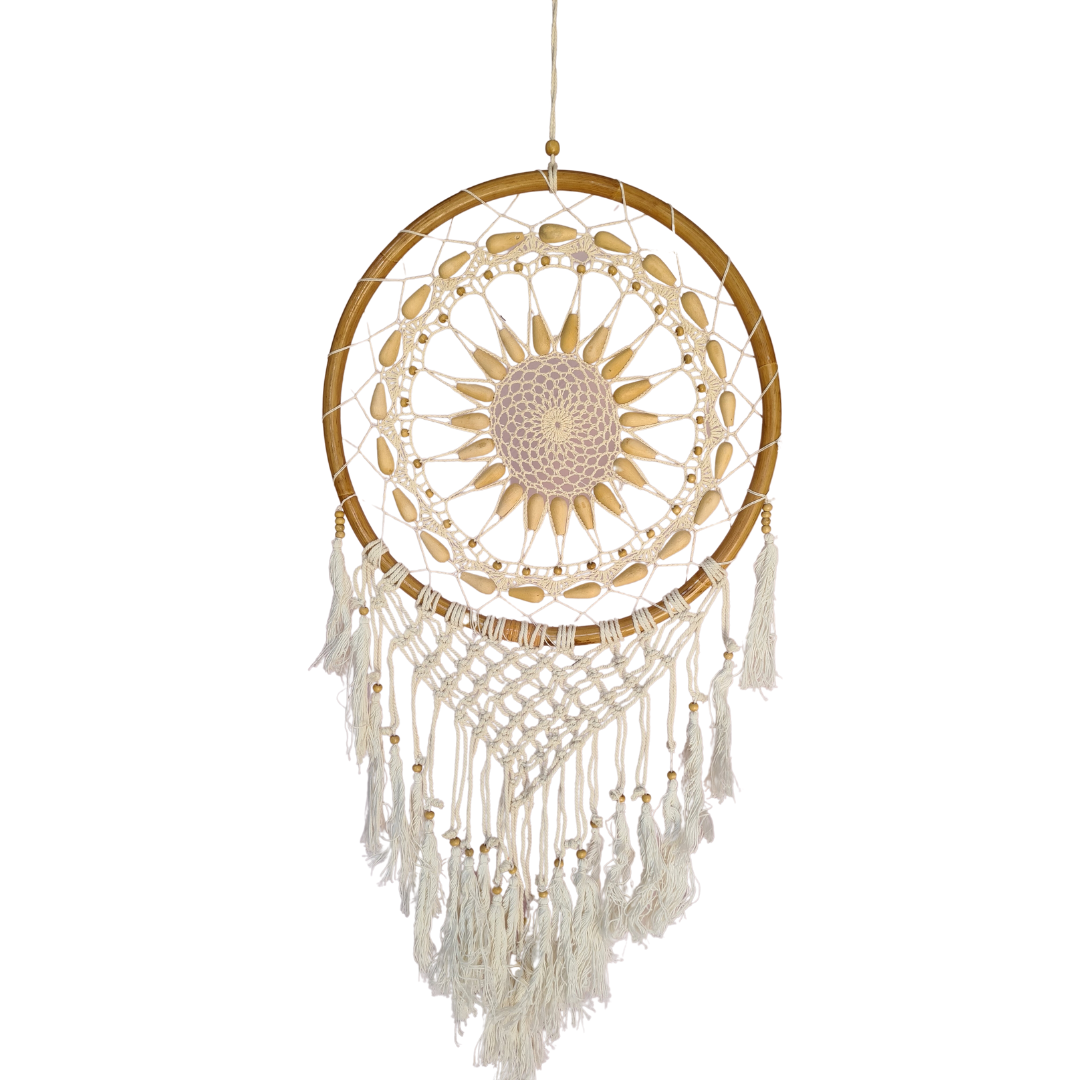 Dreamcatcher 42cm single circle white woven with tan beads and a woven rope and white feather tails (08)
