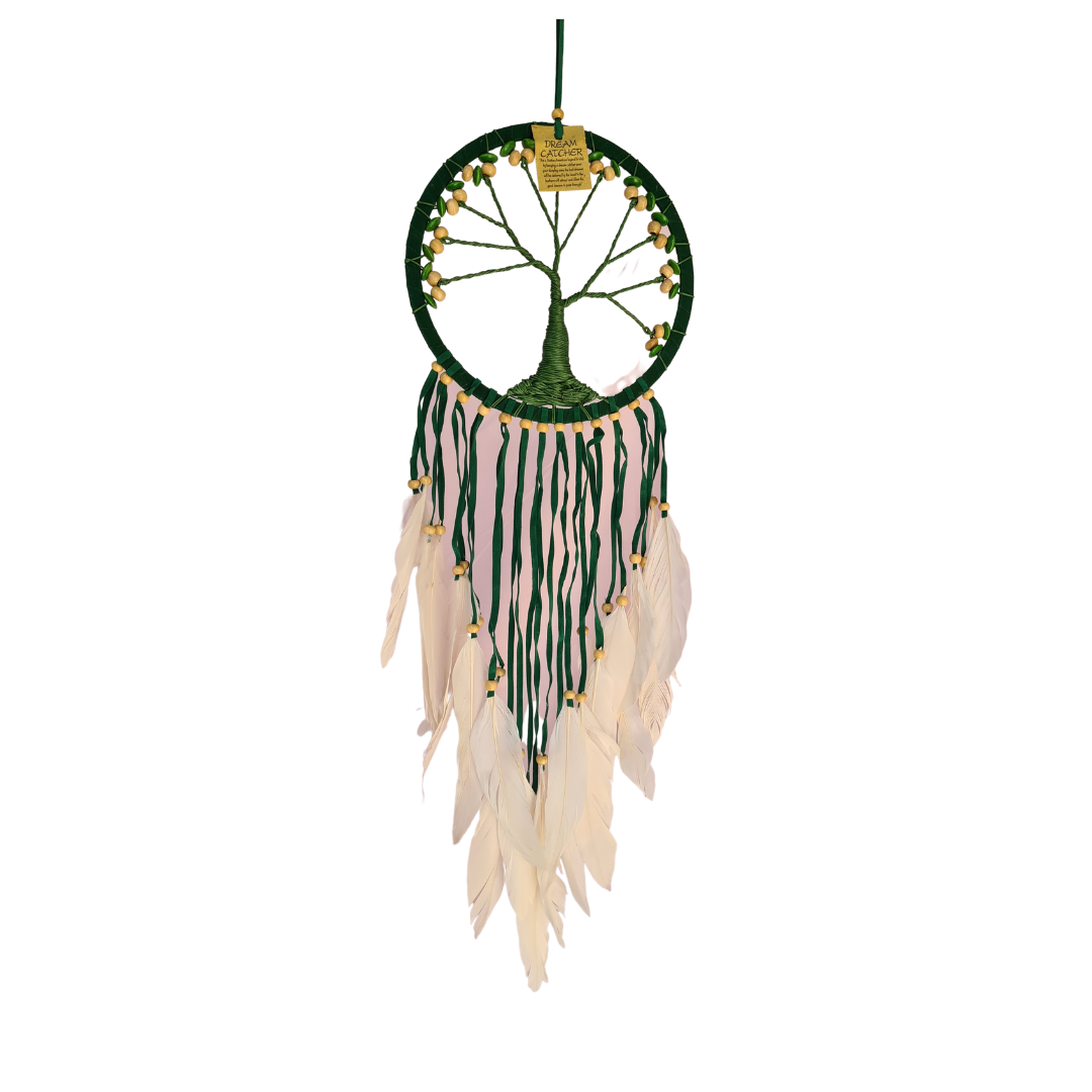 Dreamcatcher 22cm single circle green centre as woven tree of life and green tails and white feather tails (09)