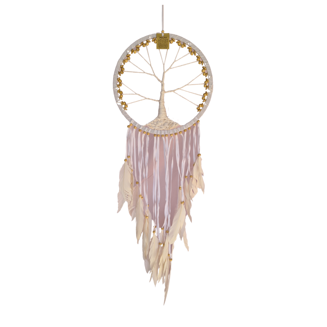 Dreamcatcher 27 cm single circle white centre as woven tree of life and white tails and white feather tails (10)