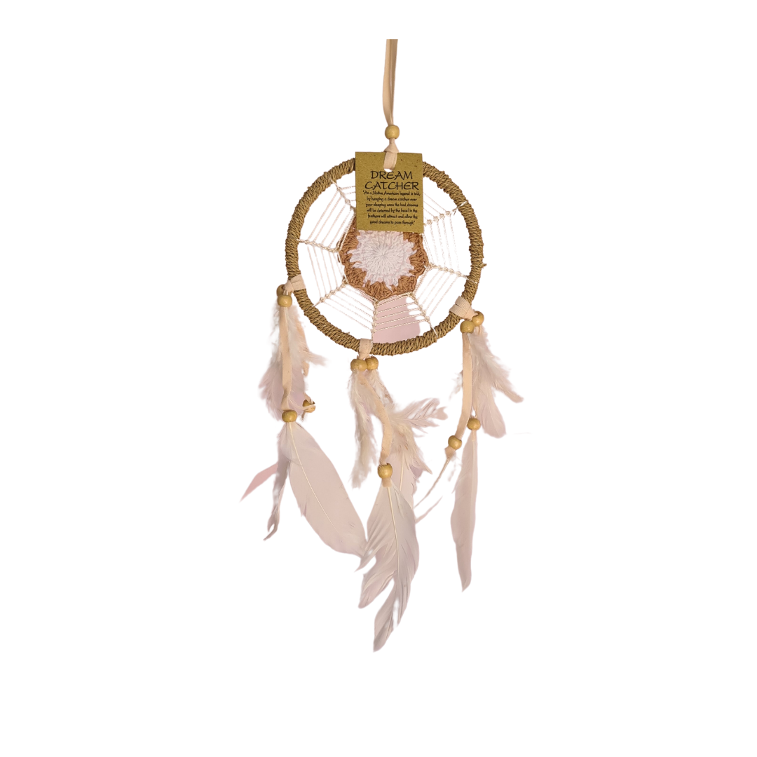 Dreamcatcher 12cm circle with brown shapes in centre and white feather tails (11A BR)