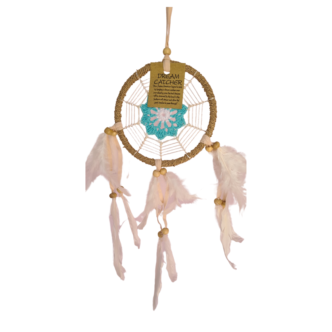 Dreamcatcher 12cm circle with green shapes in centre and white feather tails (11A G)