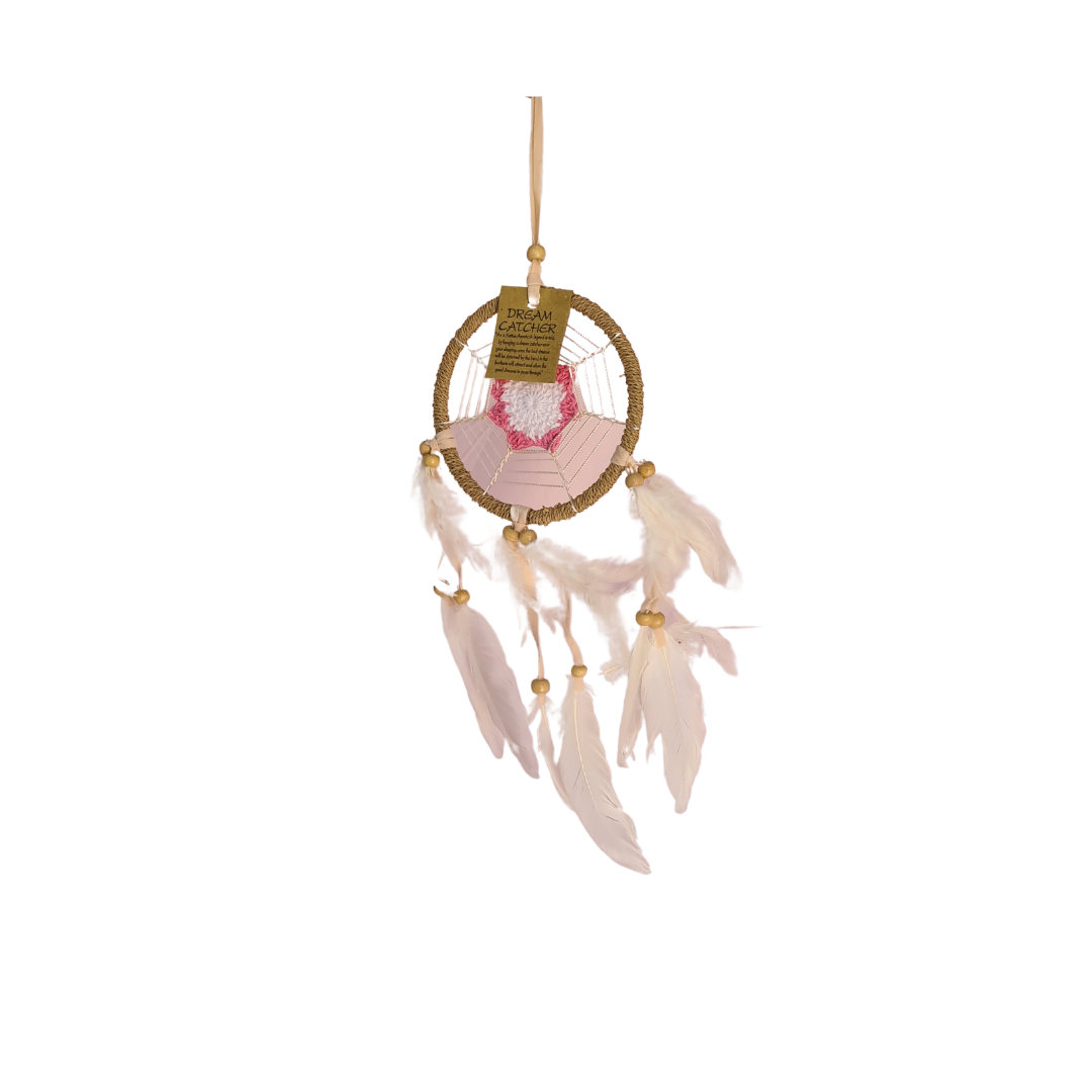 Dreamcatcher 12cm circle with pink shapes in centre and white feather tails (11A P)