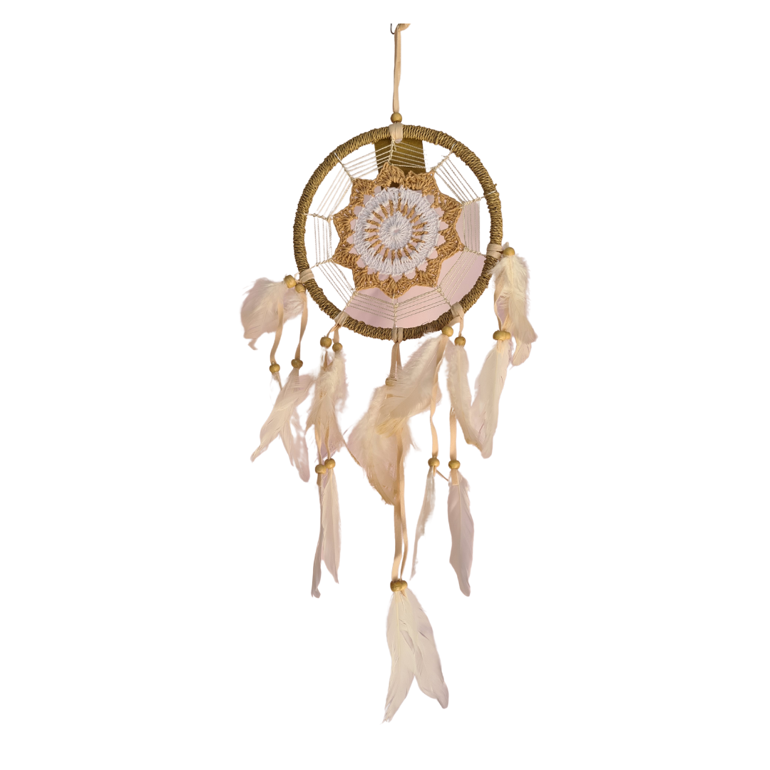 Dreamcatcher 16 cm circle with brown shapes in centre and white feather tails (11B BR)
