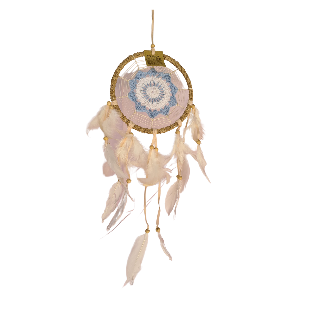 Dreamcatcher 16 cm circle with blue shapes in centre and white feather tails (11B B)