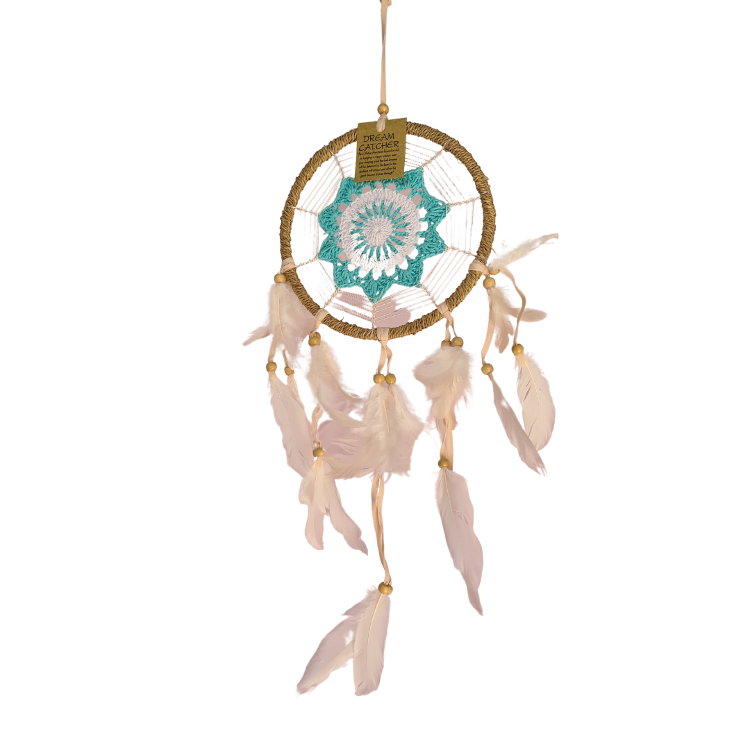 Dreamcatcher 16 cm circle with green shapes in centre and white feather tails (11B G)