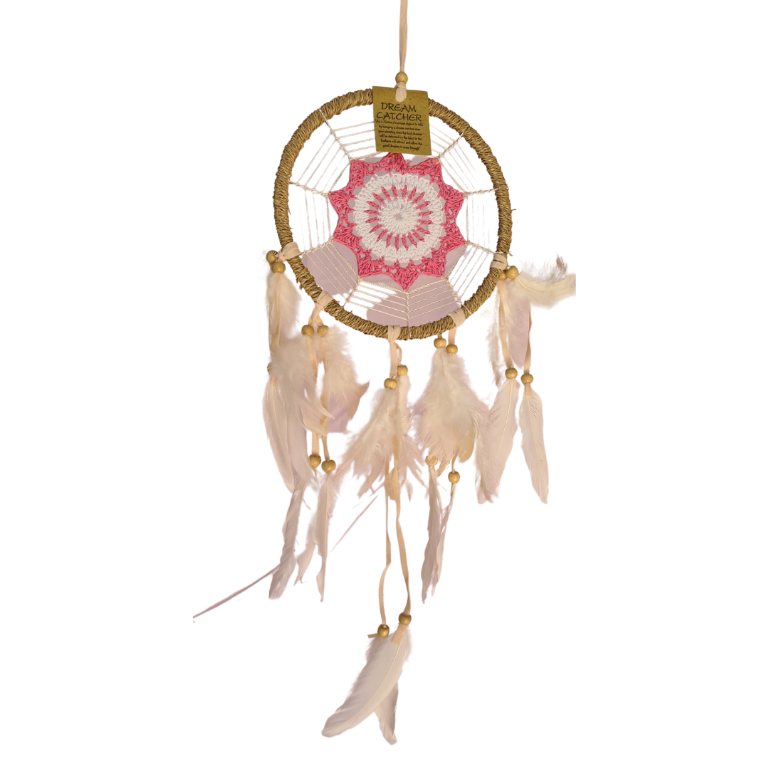 Dreamcatcher 16 cm circle with pink shapes in centre and white feather tails (11B P)