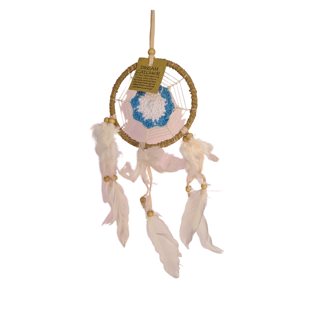 Dreamcatcher 12cm circle with blue shapes in centre and white feather tails (11A B)