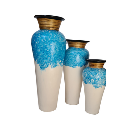 Vase set of 3 white colour with blue pattern at top and reeds around the neck (33)