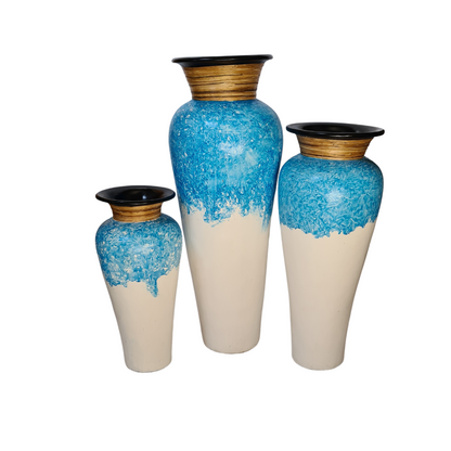 Vase set of 3 white colour with blue pattern at top and reeds around the neck (33)