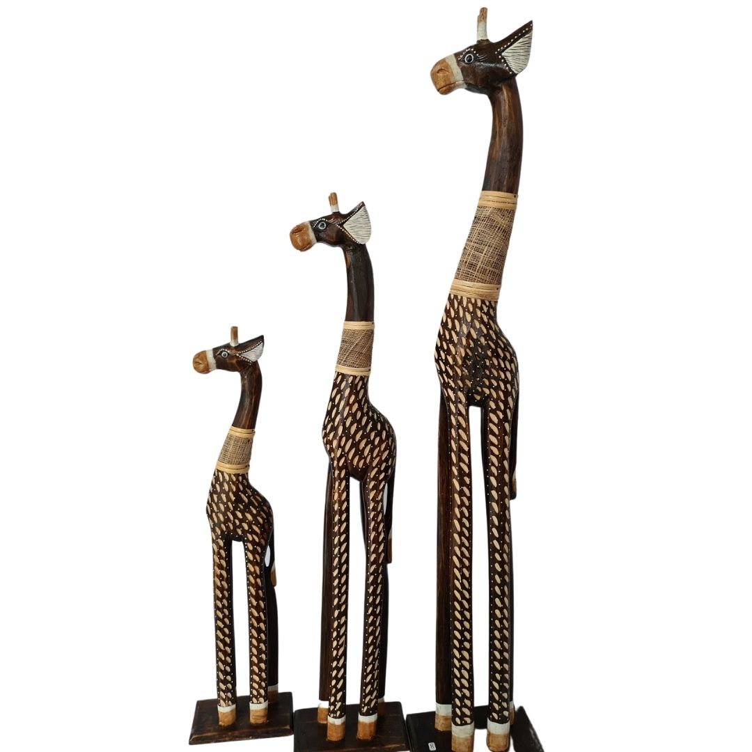 Wooden giraffe as set of 3 dark brown background and dot painted motifs (100, 80, 60cm)