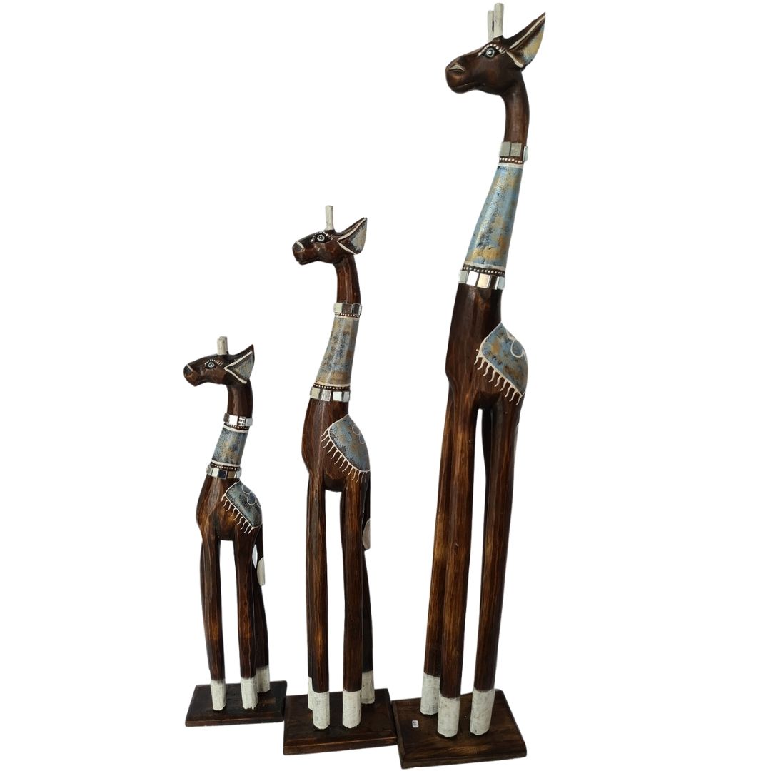 Wooden giraffe as set of 3 stained background and a gold neck (100, 80, 60cm) (M)