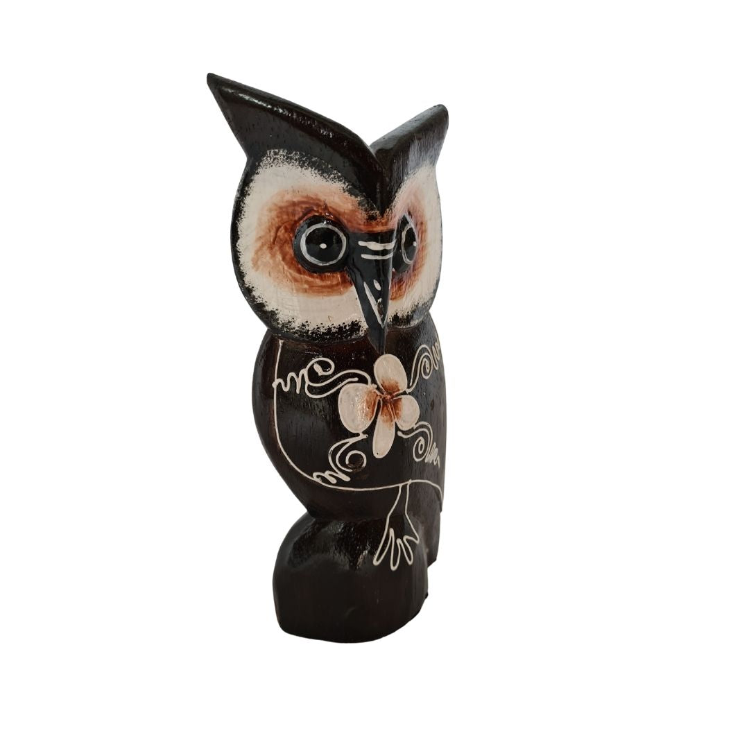 Owl carving 20cm with flower pattern on chest