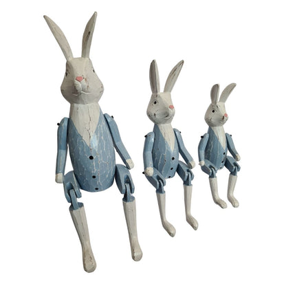 Wooden Rabbits, blue, flexible arms &amp; legs - set of 3 - 15, 20 &amp; 25cm