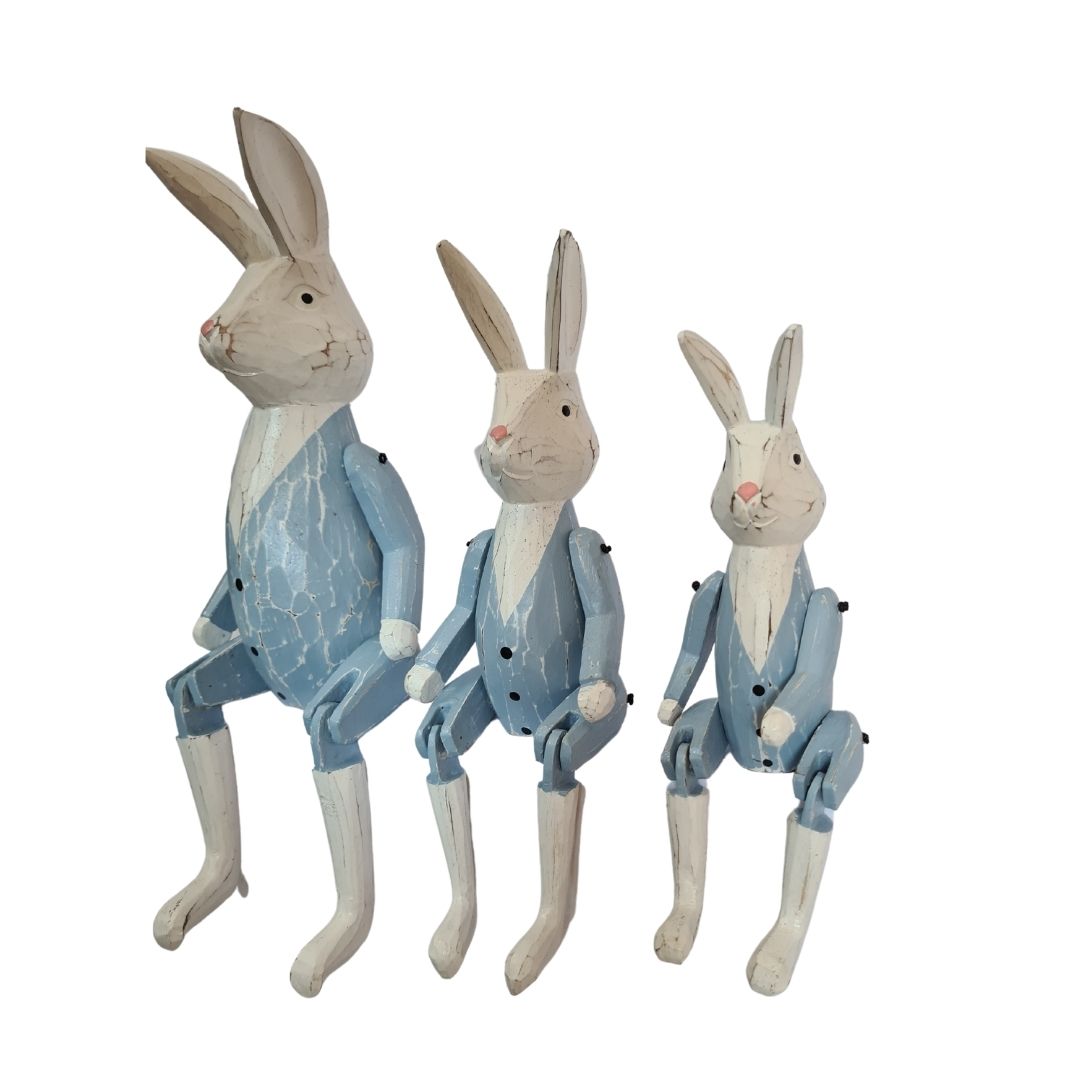 Wooden Rabbits, blue, flexible arms &amp; legs - set of 3 - 15, 20 &amp; 25cm