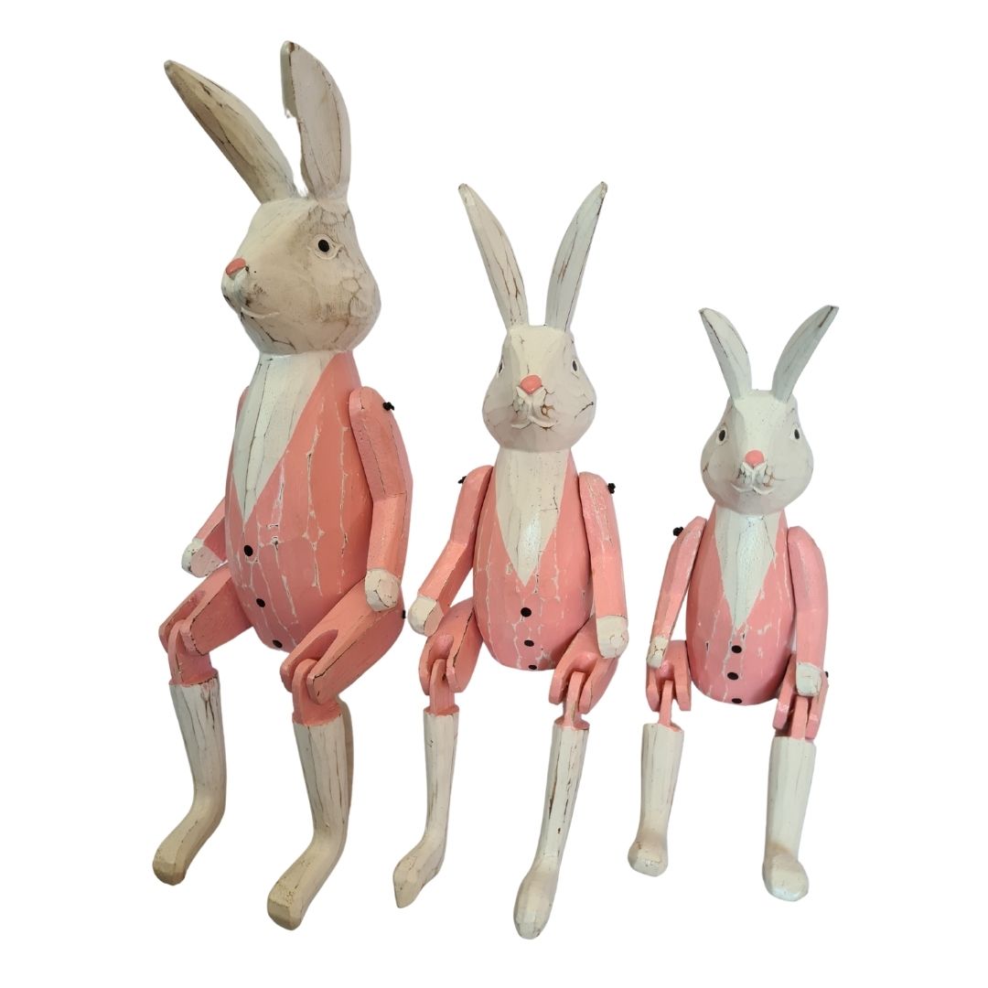 Wooden Rabbits, pink, flexible arms &amp; legs - set of 3 - 15, 20 &amp; 25cm