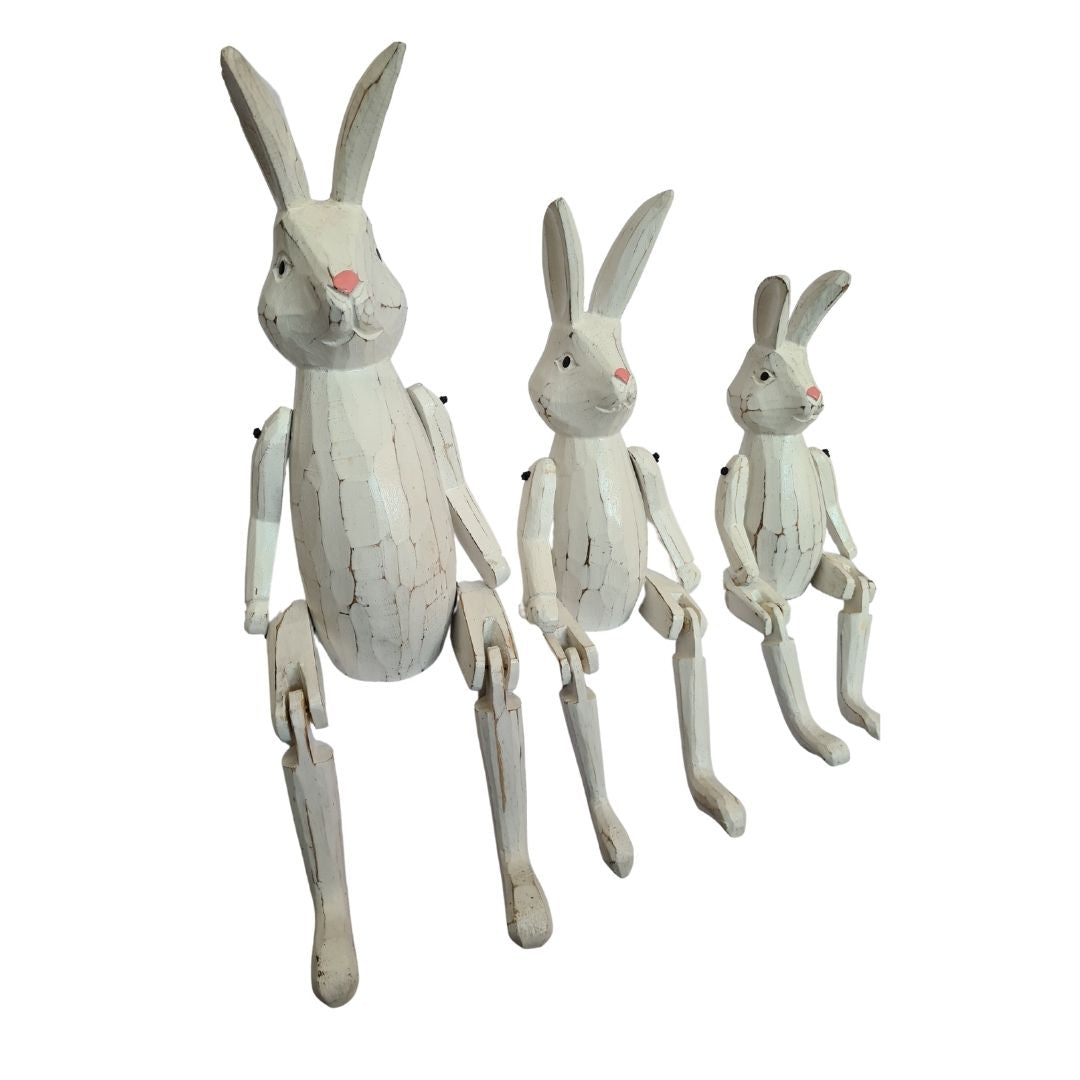 Wooden Rabbits, white with flexible arms &amp; legs - set of 3 - 15, 20 &amp; 25cm