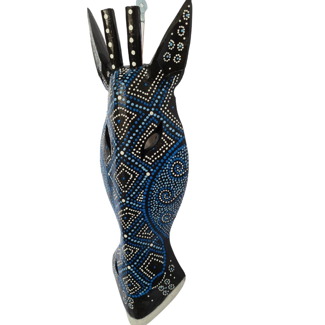 Zebra mask black finish with blue/white dot paint motifs 50cm (C)