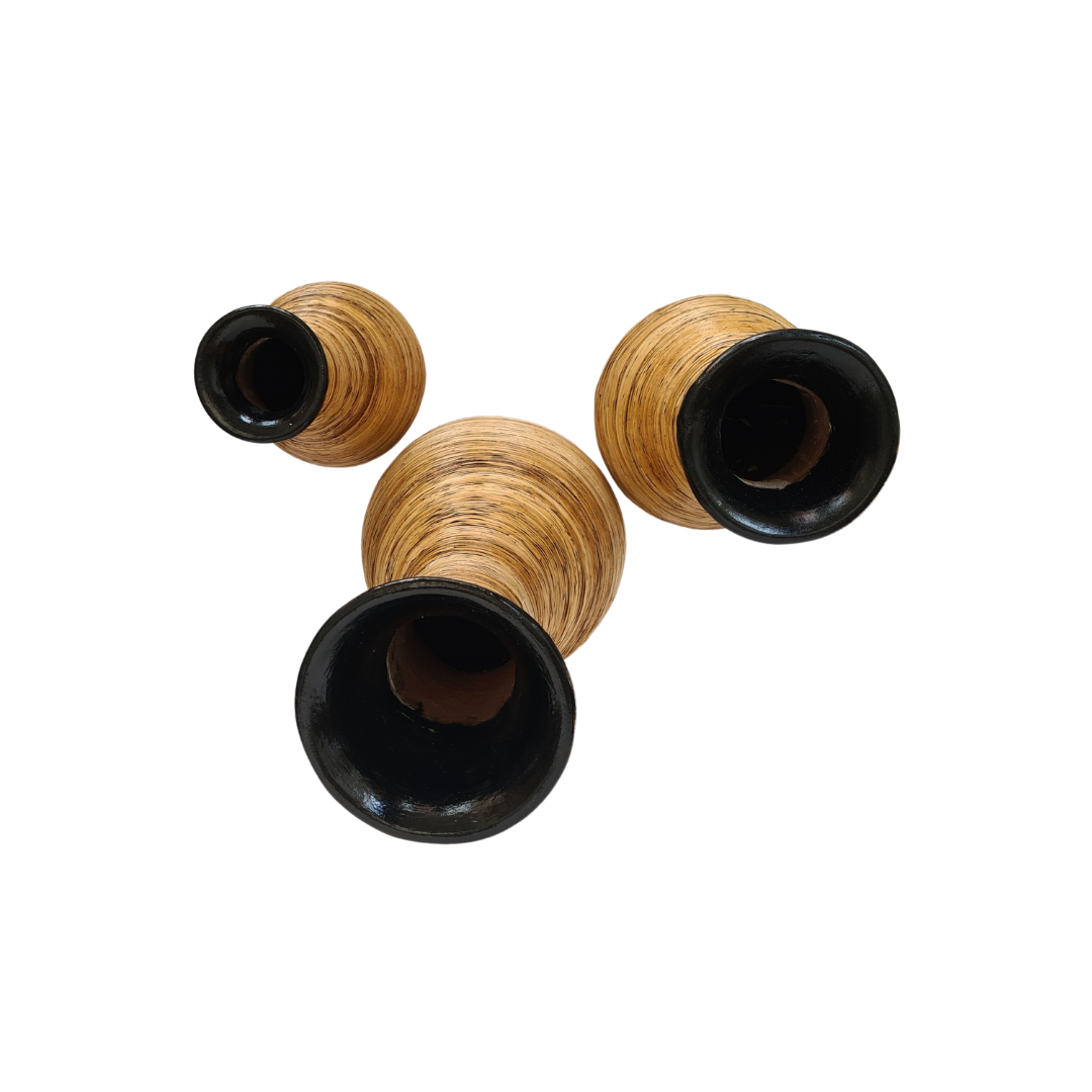 Ceramic Vase - Set of 3 with gold tone circle pattern and reeds around the neck (35)